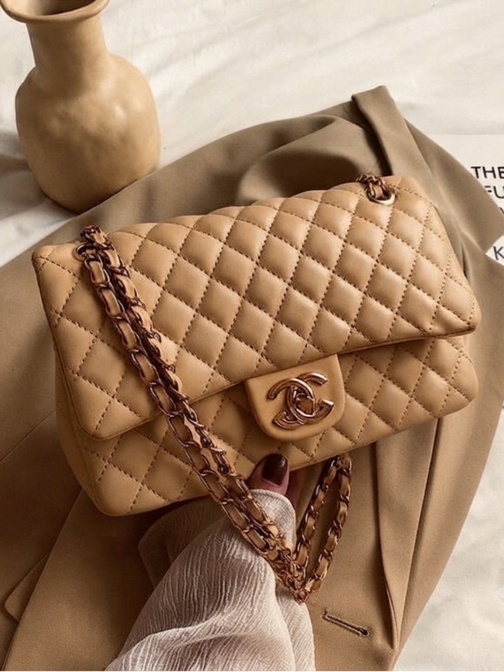 Classic Quilted Tan Shoulder Bag with Gold Chain New